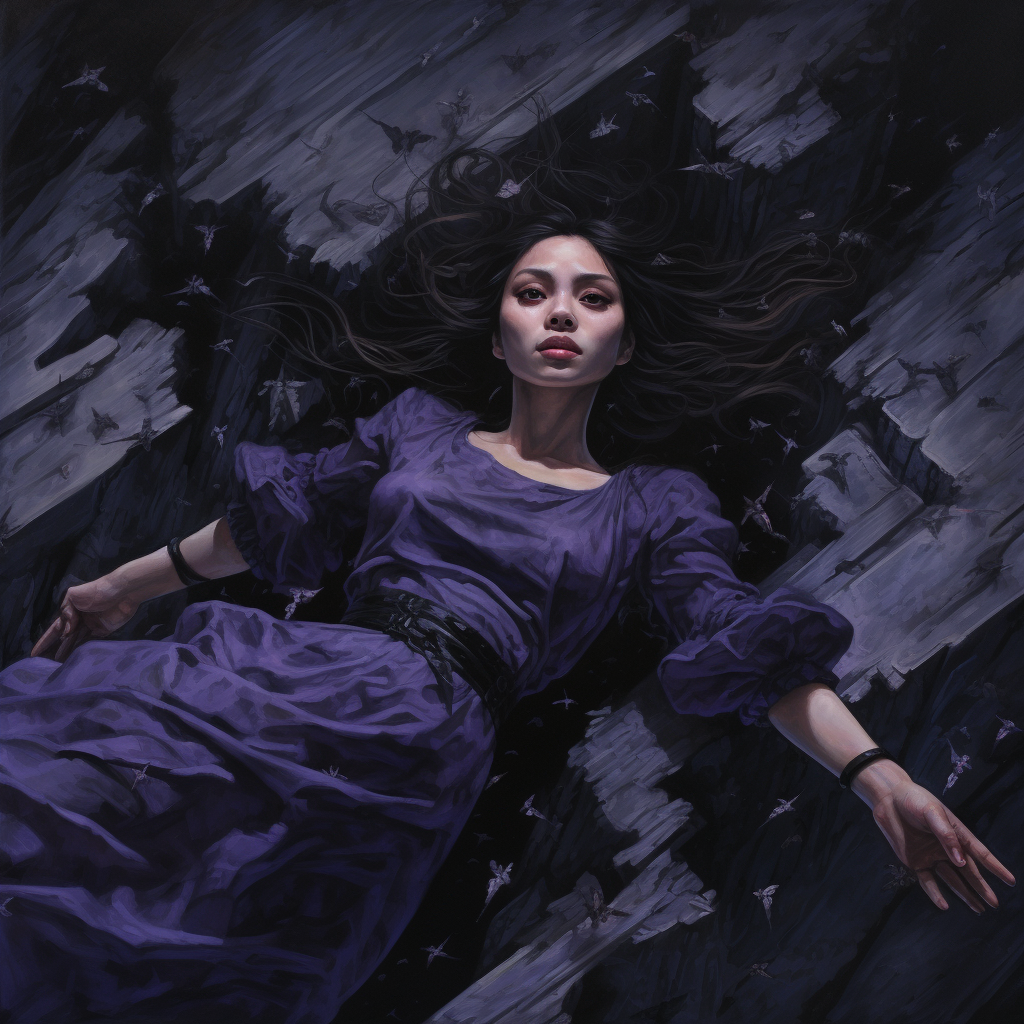 Girl in purple clothes falling abyss