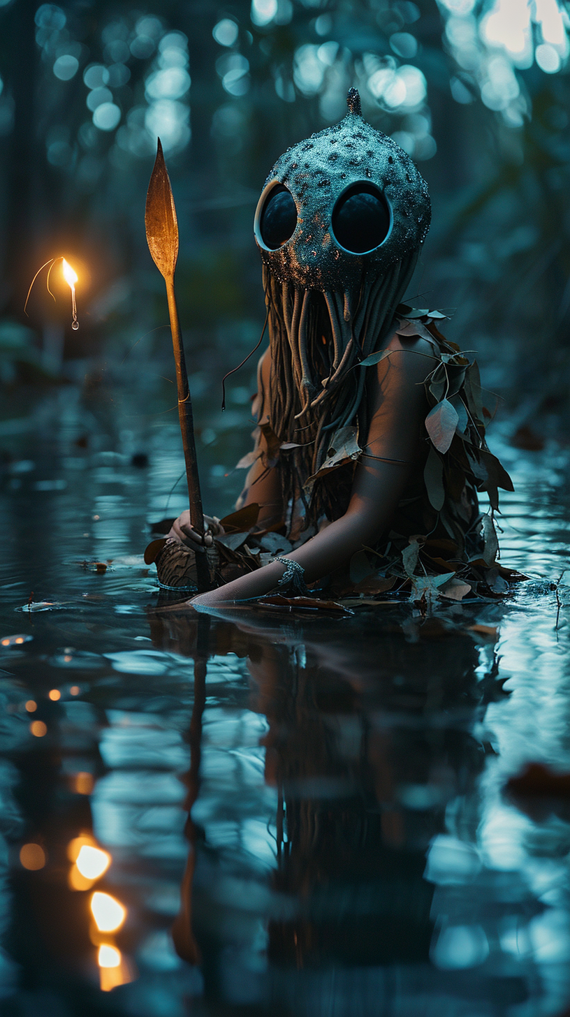 Girl in water with giant jellyfish mask