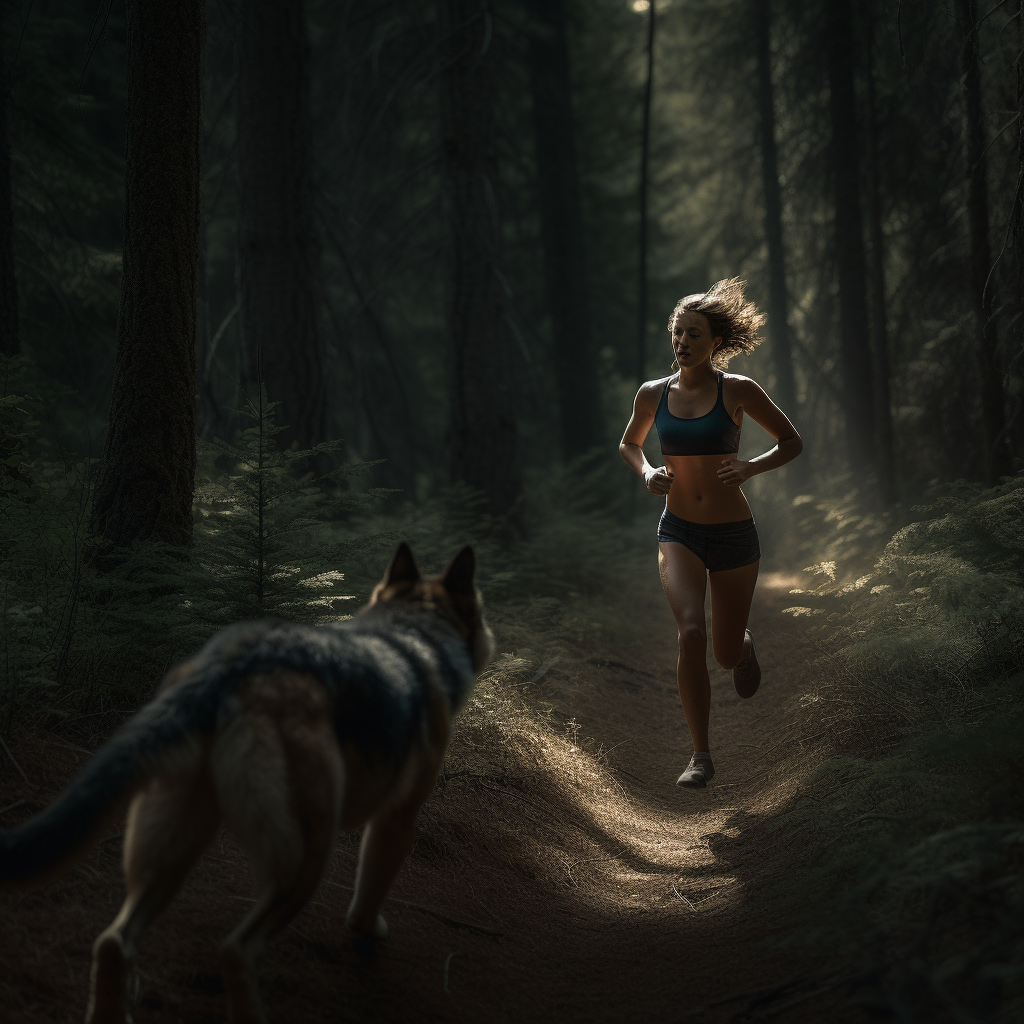 Girl jogging through a closed forest chased by a wolf