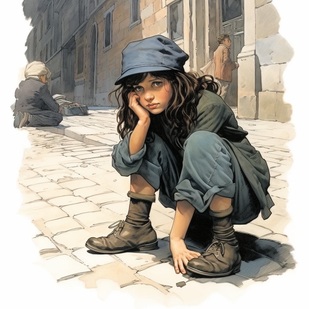 Vintage girl in newsboy cap on cobblestone street