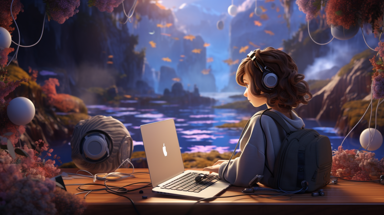 Girl working on laptop with headphones in nature