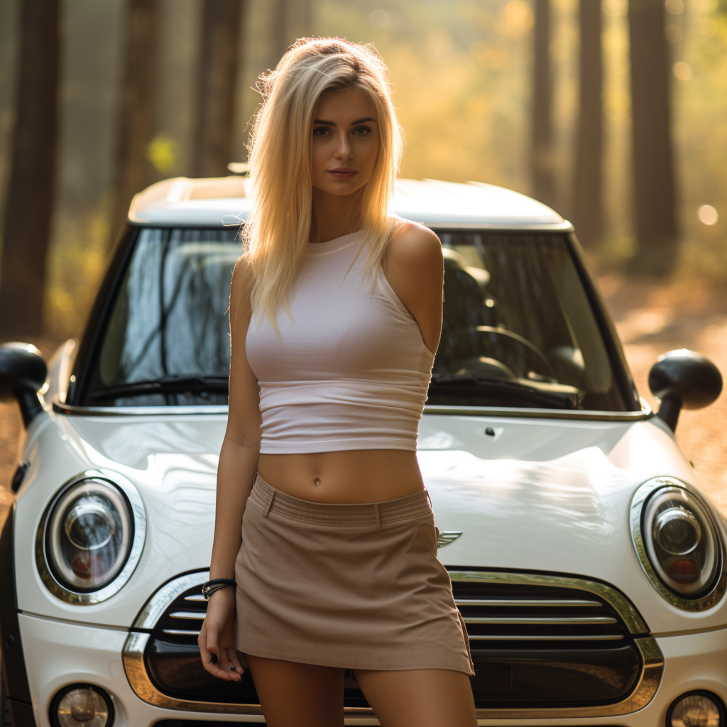 Blonde girl leaning against mini cooper in forest