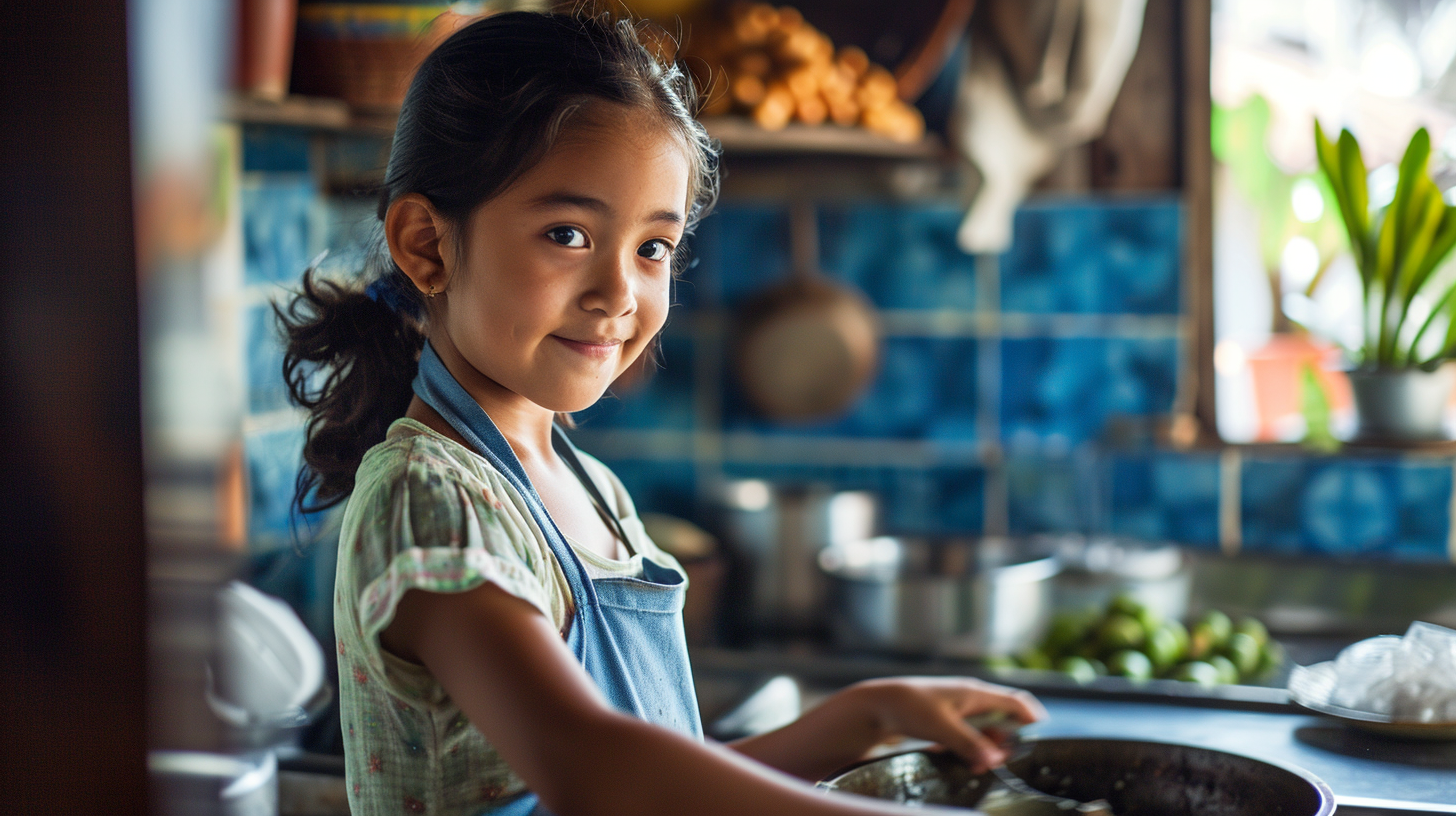 Young girl mastering cooking techniques