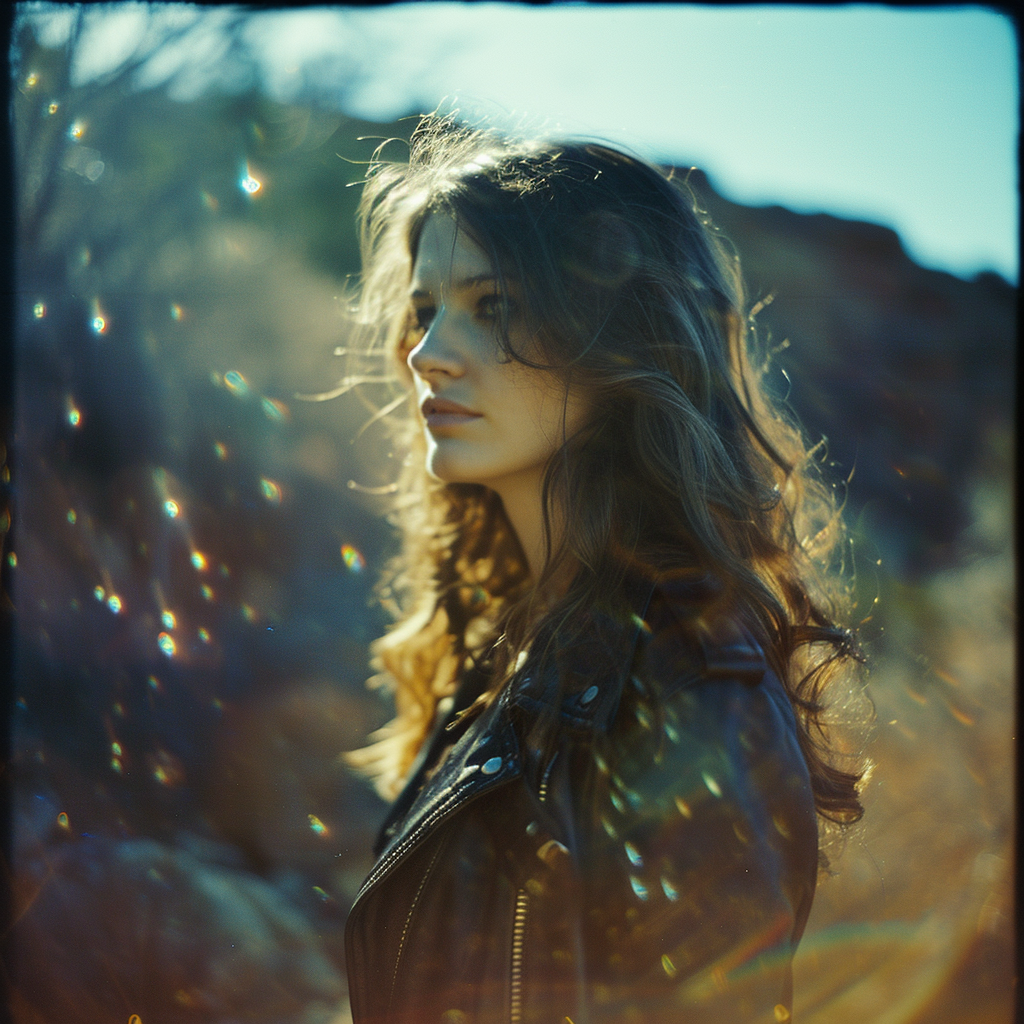 A girl wearing a leather jacket