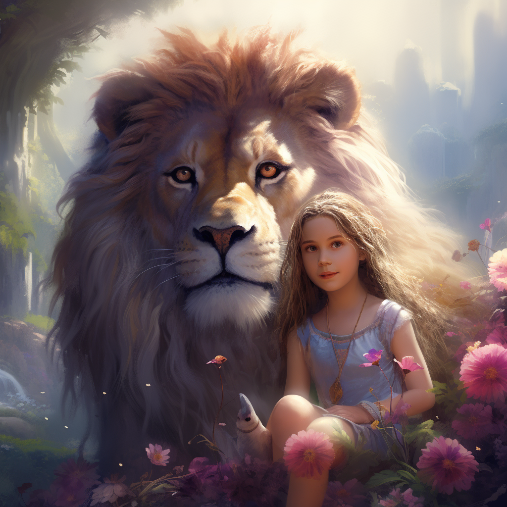 Little girl and big lion in magical wonderland