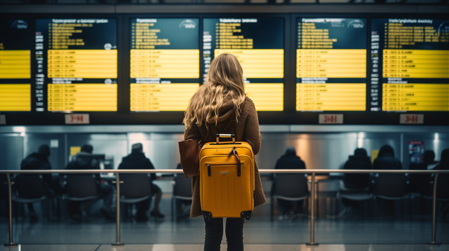 Rear view of girl looking at airport scoreboard