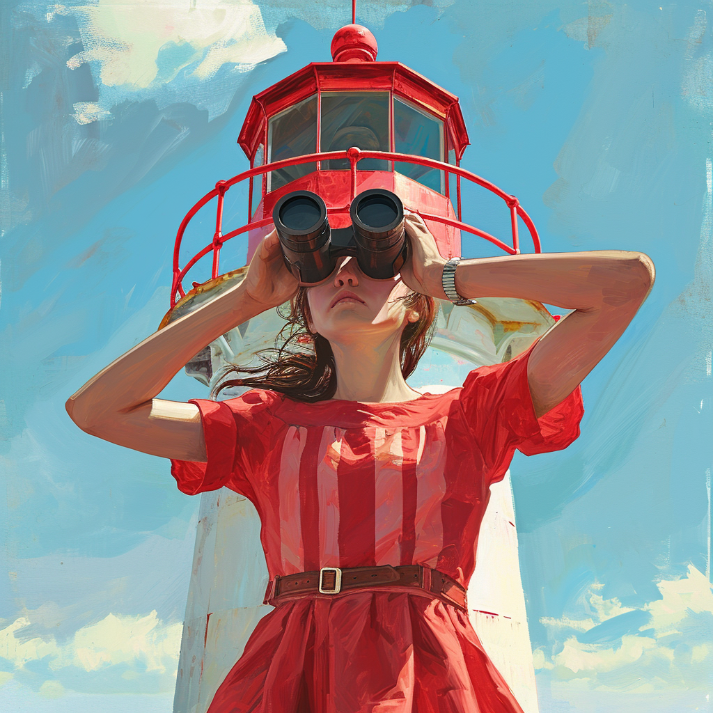 Girl in Red Dress looking through Binoculars on Lighthouse