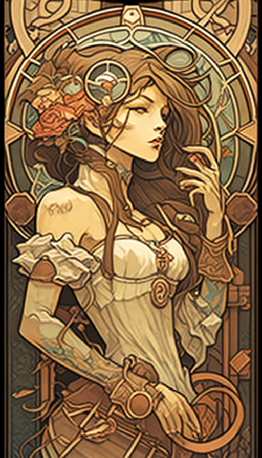 Beautiful Art Nouveau Girl and Machine Illustration.