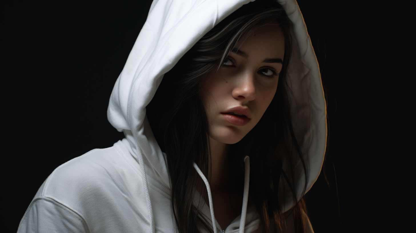 Fashionable girl model wearing white hoodie looking to the side