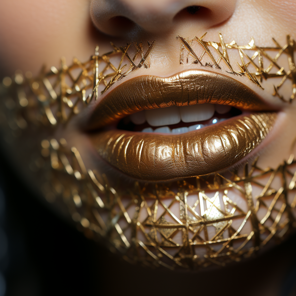 Close Up of Girl's Mouth with Golden Grill Biting Lip