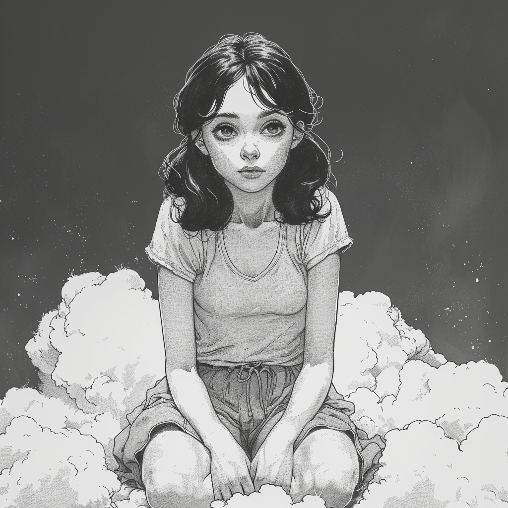 Girl on Cloud in Monochrome Drawing