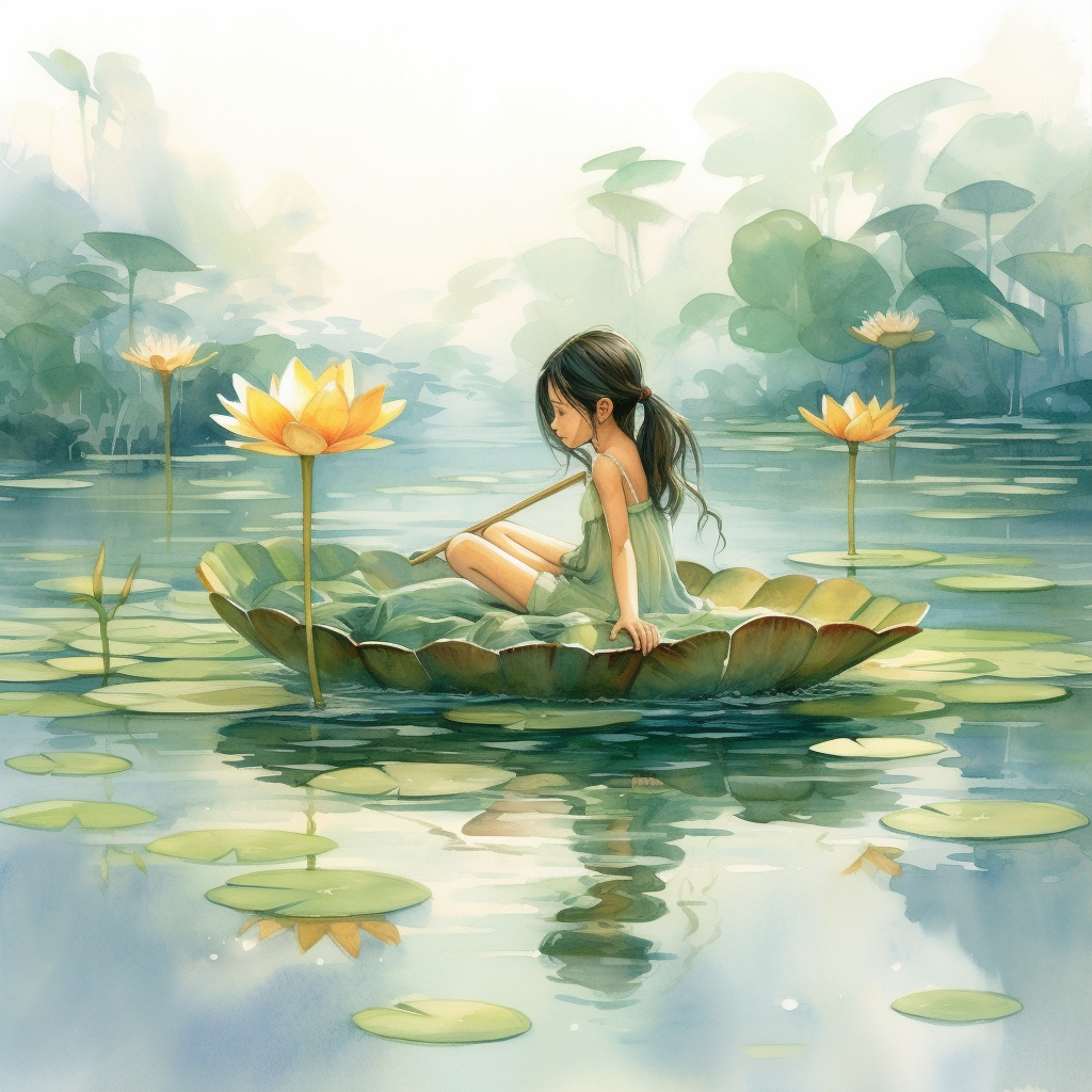 Cute girl on water lily reading a book