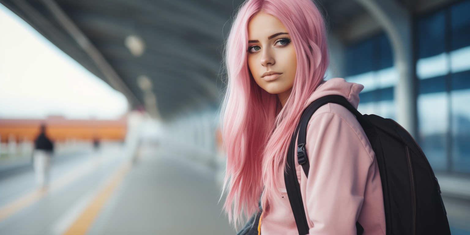 Girl with pink hair and backpack