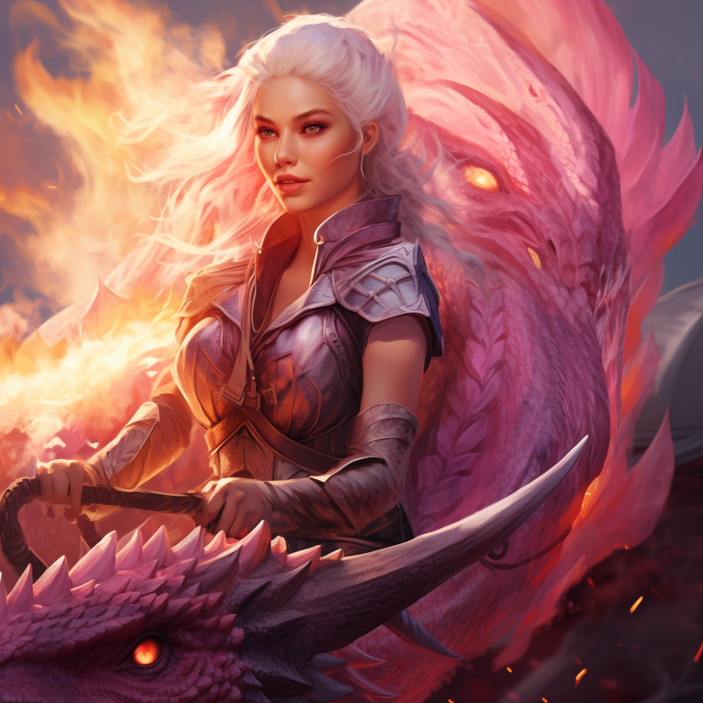 Pink-haired girl on fire breathing dragon