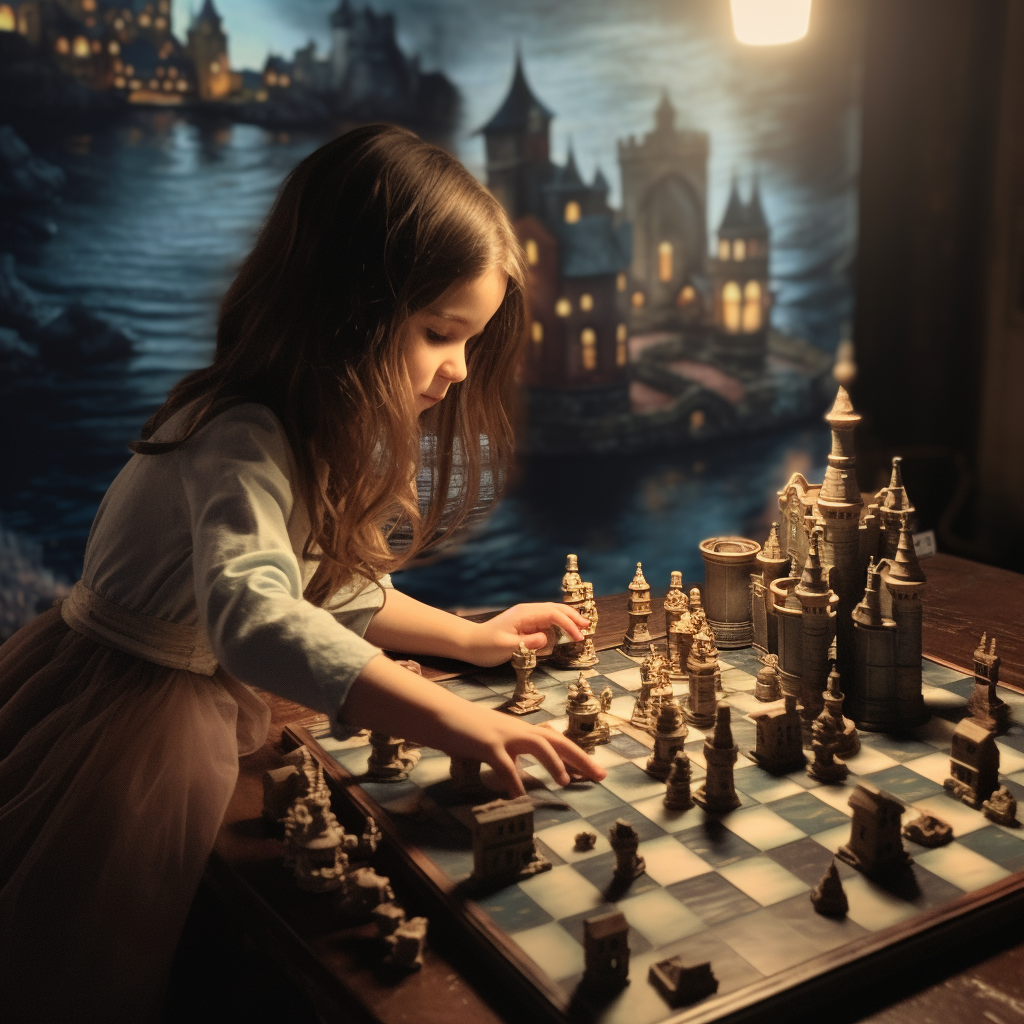 Young girl strategizing at chess castle