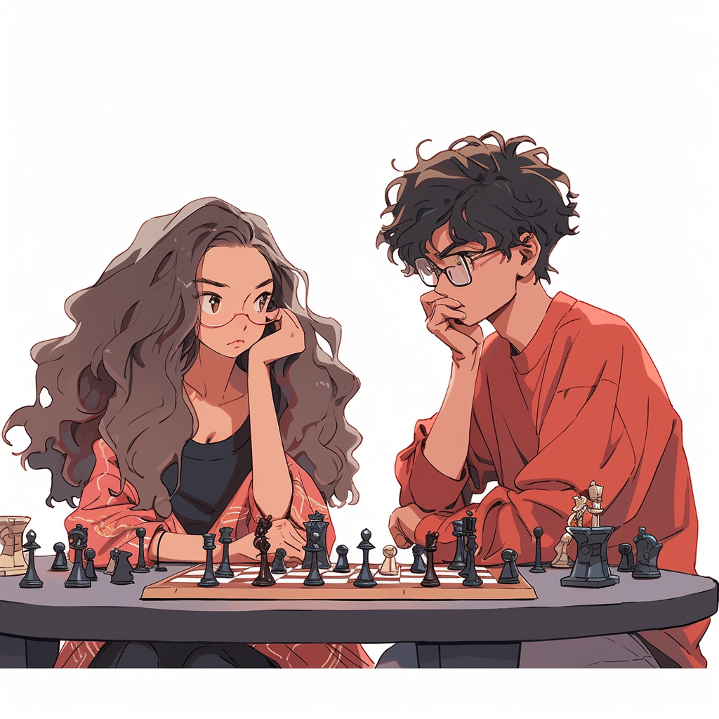 Girl in Red Dress and Curly Haired Man Playing Chess