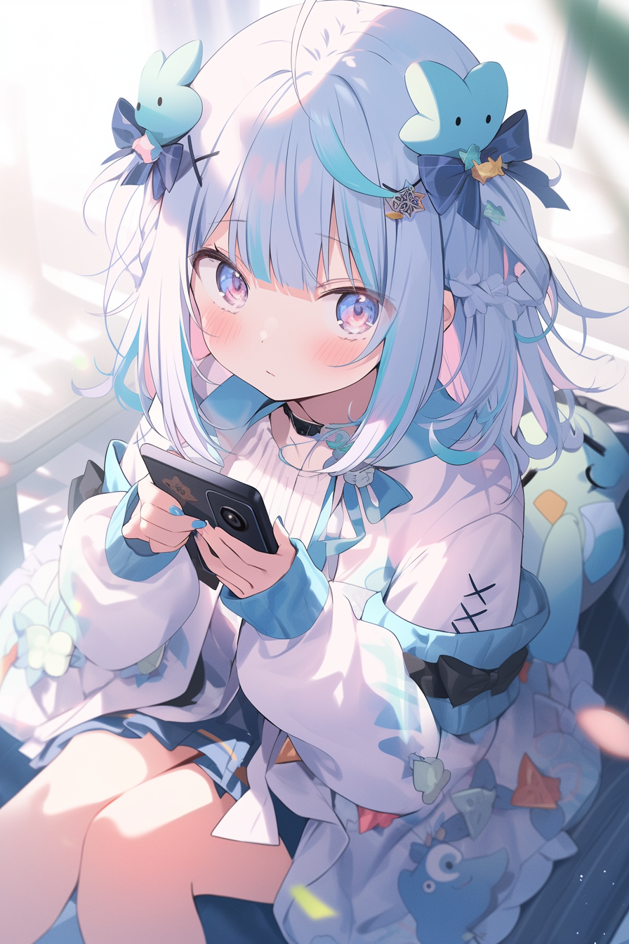 Girl playing on her phone with anime masterpiece