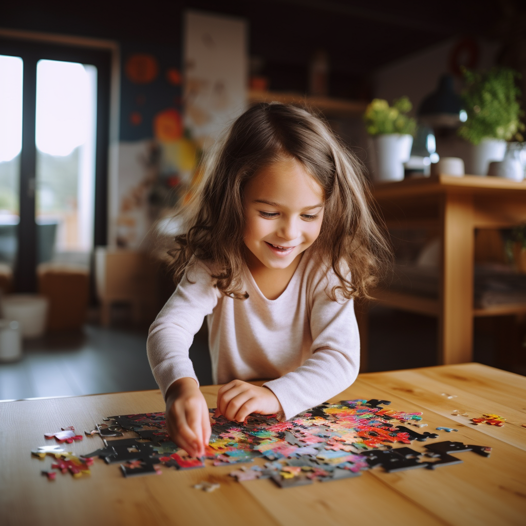 little girl playing puzzle playroom