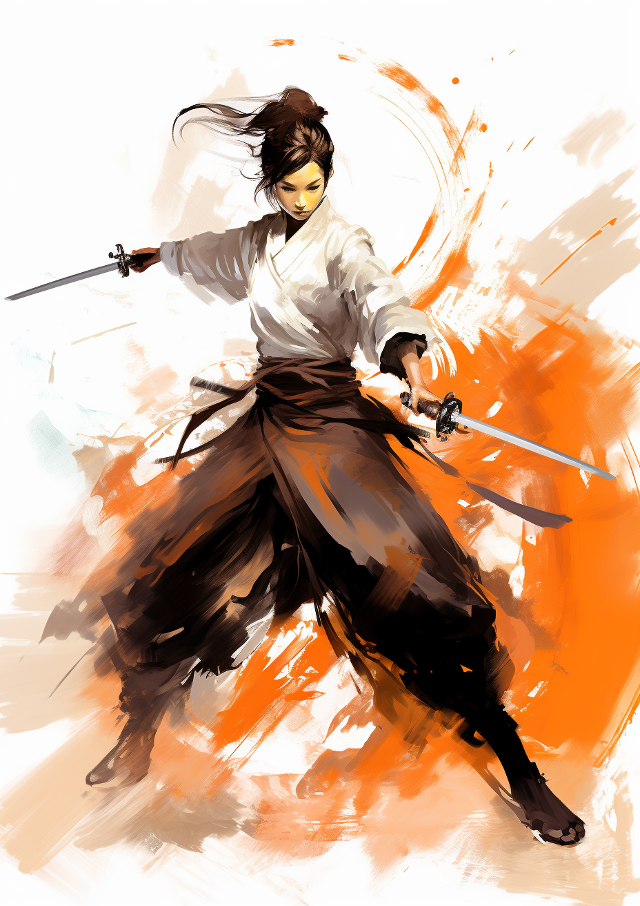 Girl playing Tai Chi in ink painting style