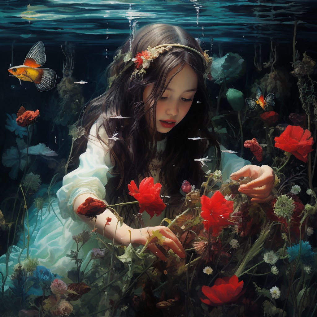 Girl posting underwater with flowers and dragonfly