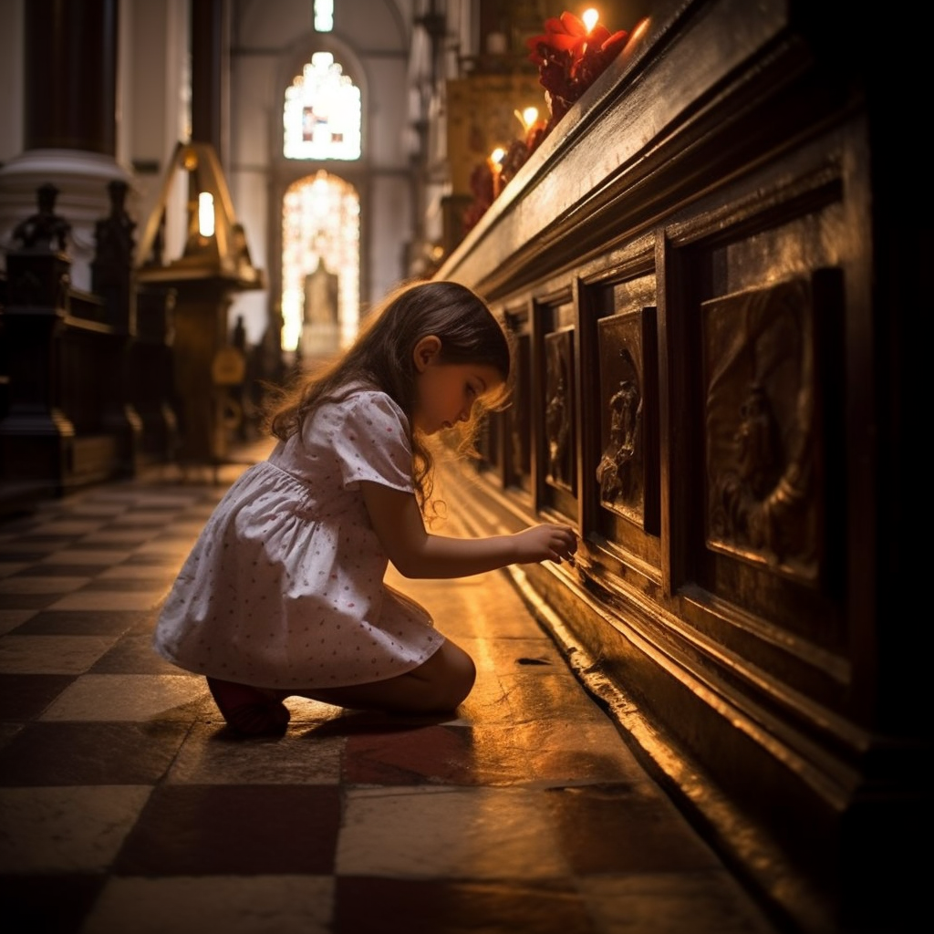 Young girl kneeling and praying in cathedral