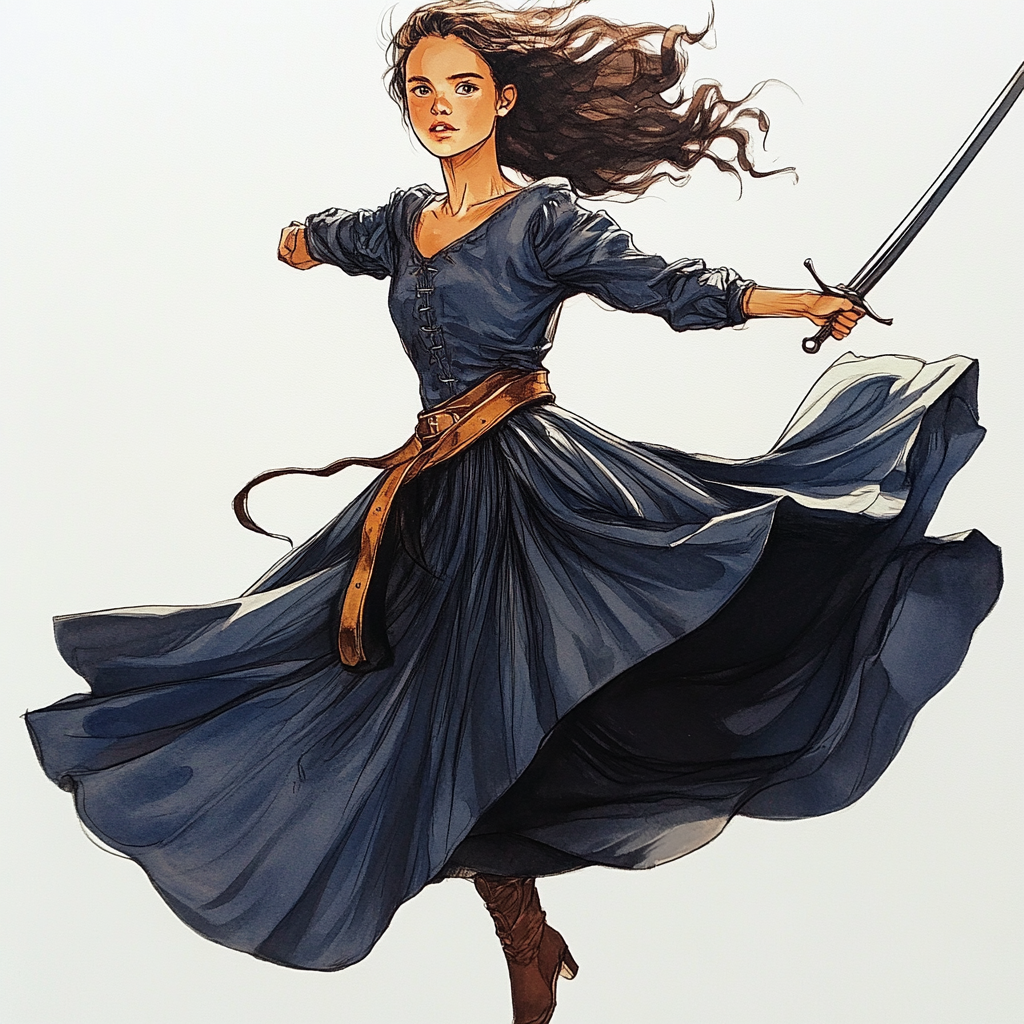 Young Girl in Blue Dress with Rapier