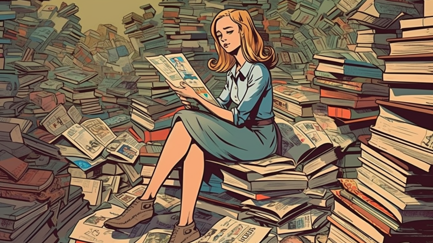 Girl reading piles of books