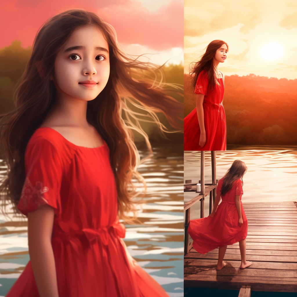 Beautiful girl in red dress on dock