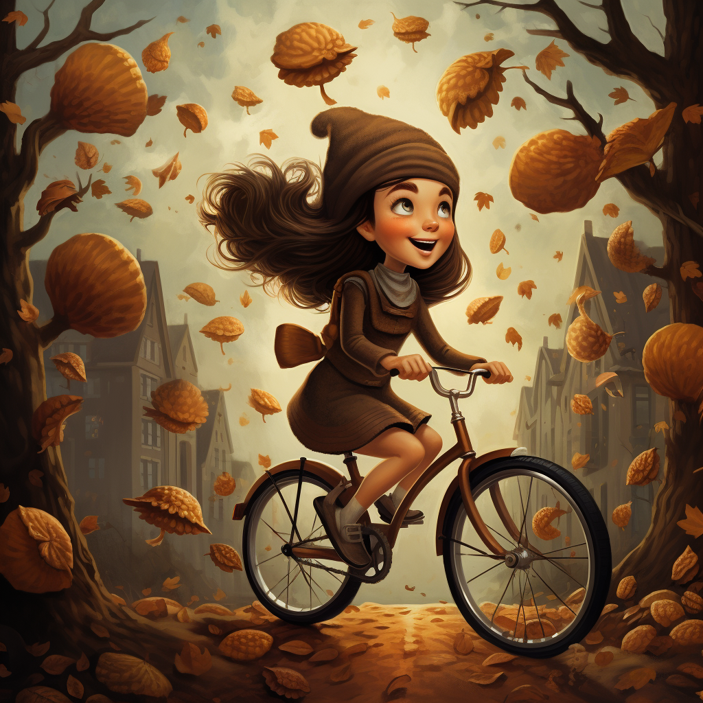 Girl with Bicycle and Falling Acorn