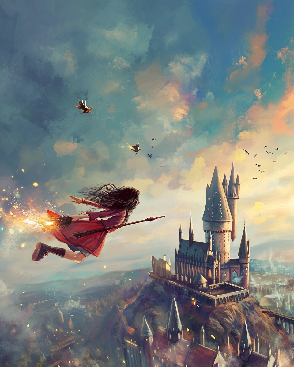 Girl Riding Broomstick Above Hogwarts