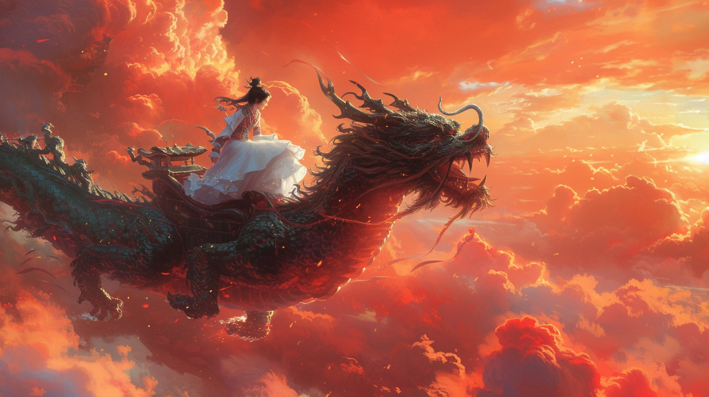 Girl riding Chinese dragon in red sky