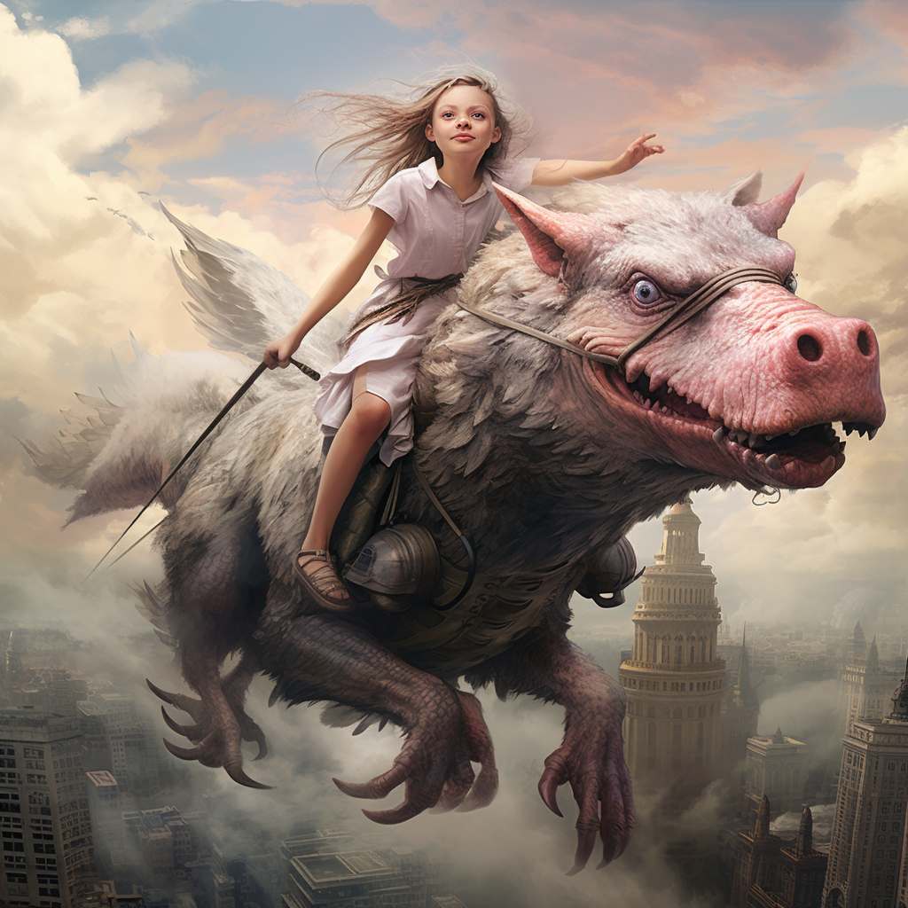 Girl Riding Giant Sea Eagle in City