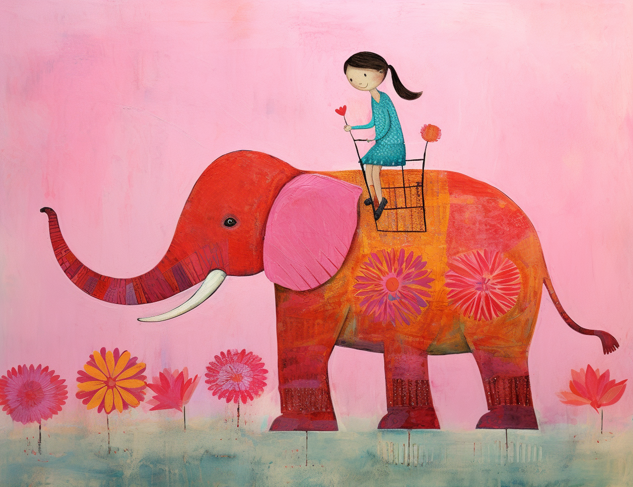 Girl riding pink elephant illustration