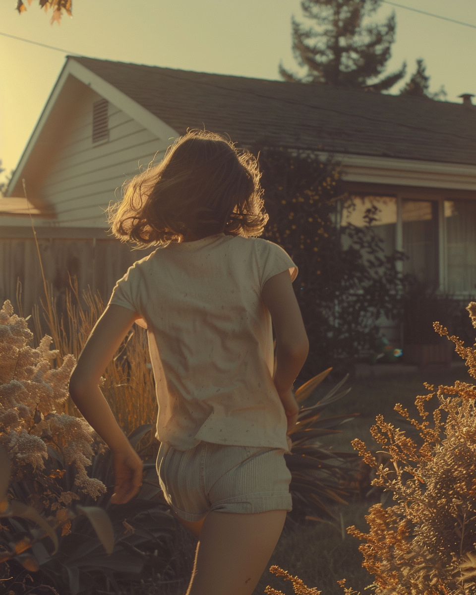 Girl running in suburban yard