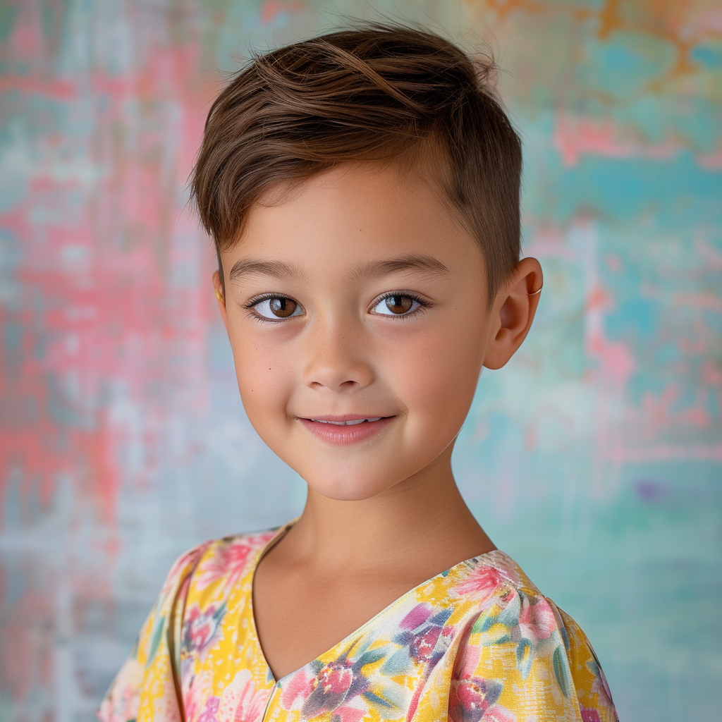 Eight-year-old girl with pixie cut on pastel background