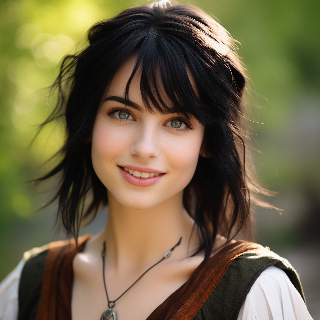 Young girl with short black hair and a fantasy outfit smiling