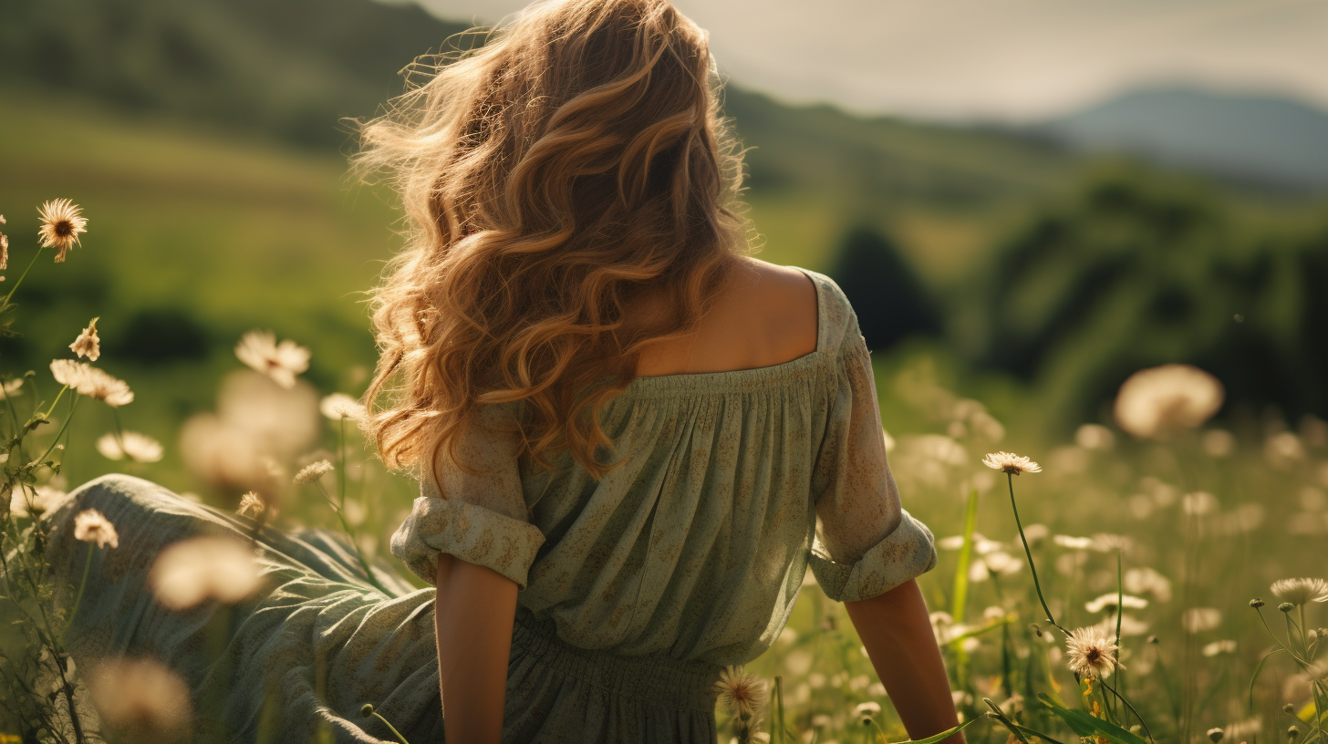 Girl sitting in green field, sunlight