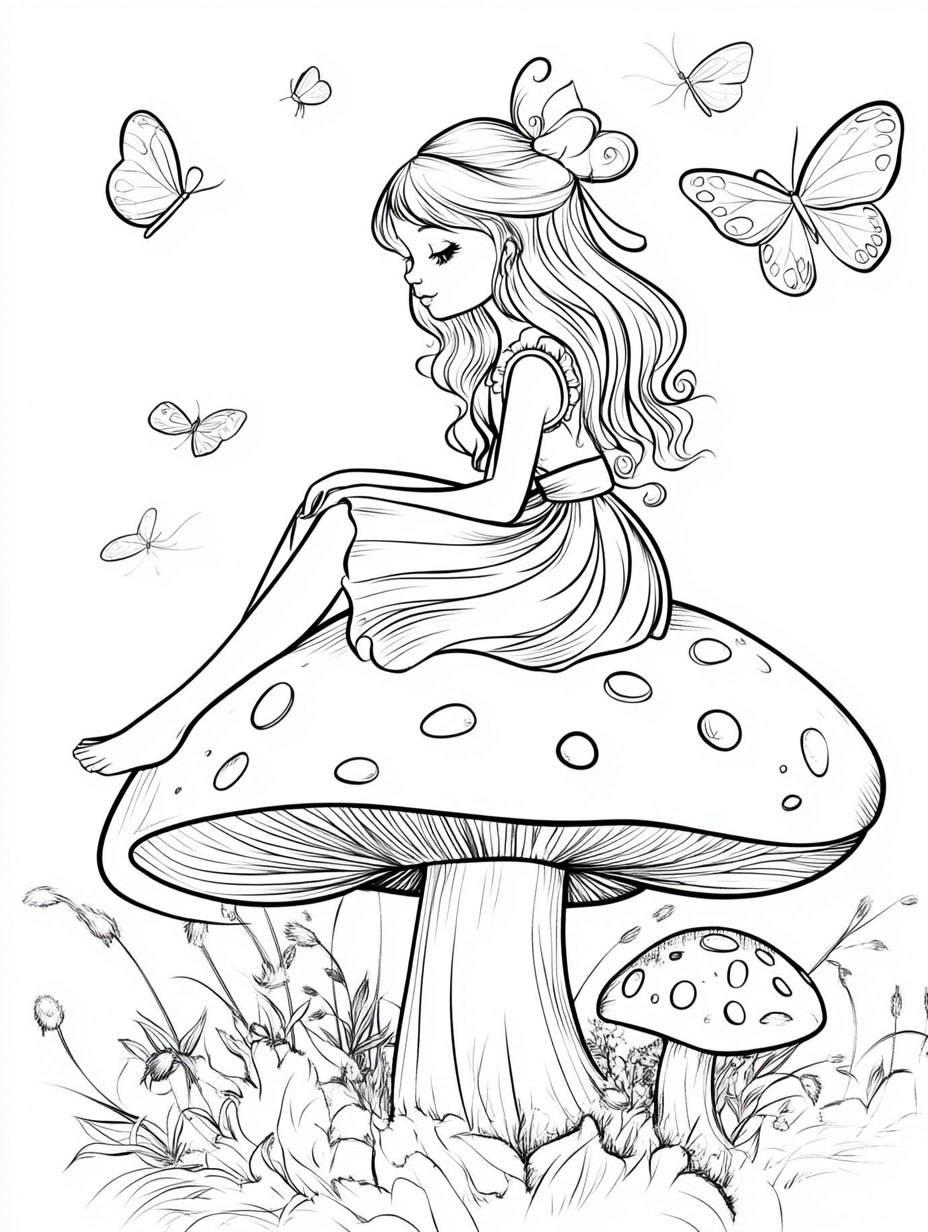 Young girl on mushroom with butterflies