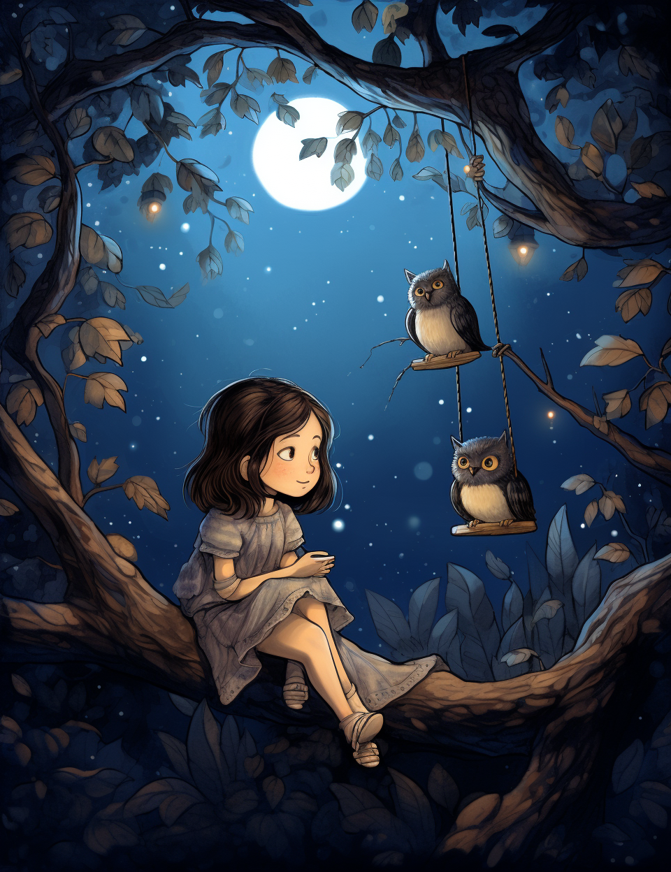 Little girl joyfully sitting in tree at night