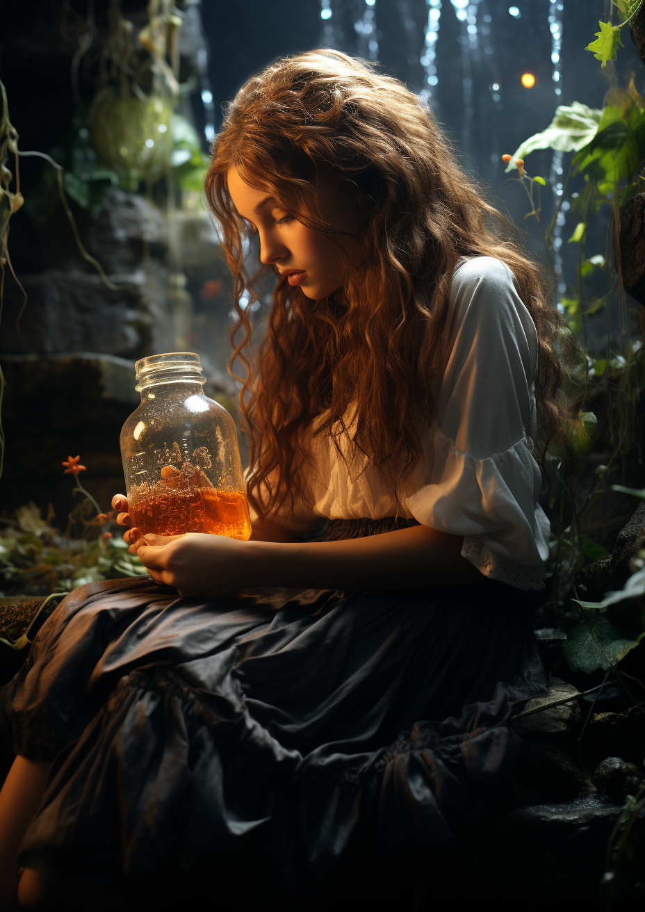 Girl holding jar under waterfall