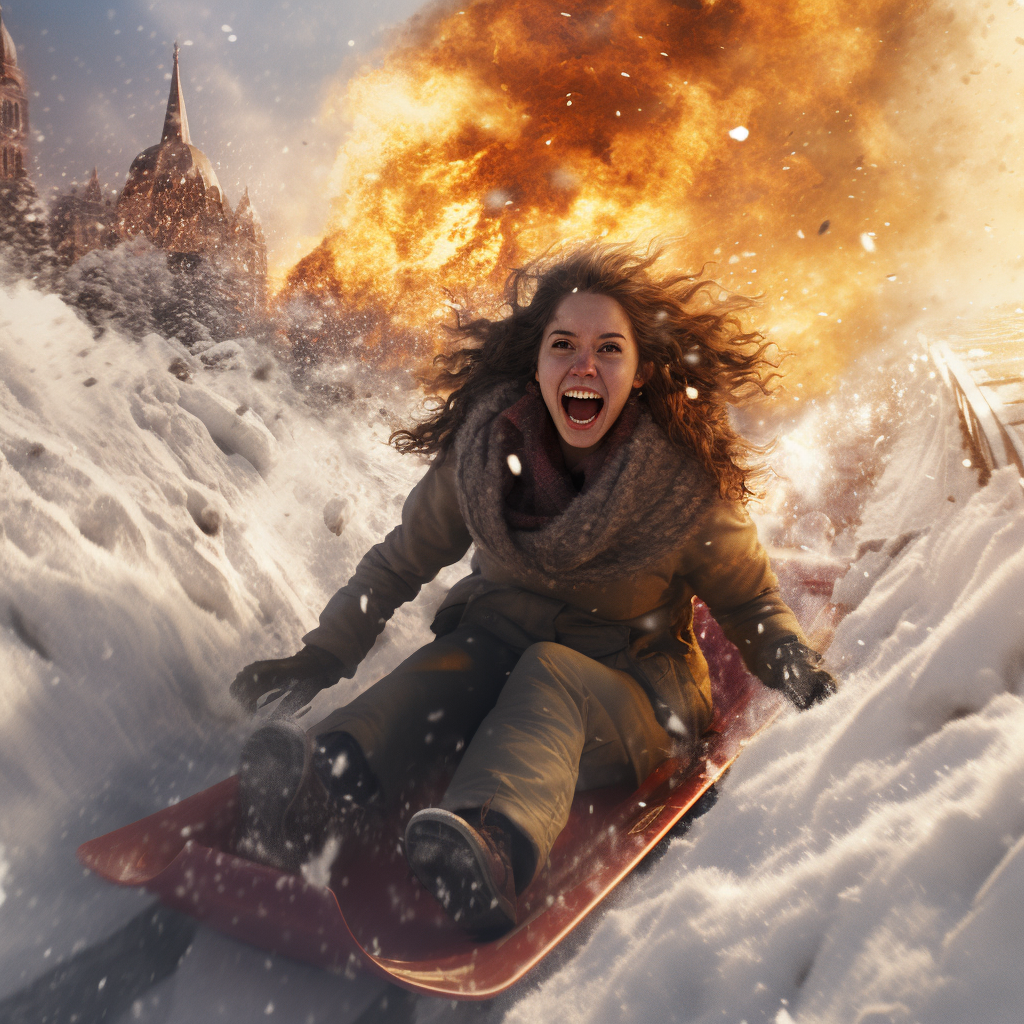 Girl sledding in snow causing eruption