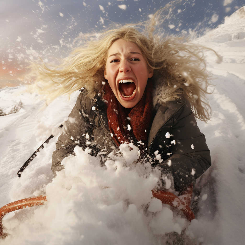 Girl sledding in snow causing eruption