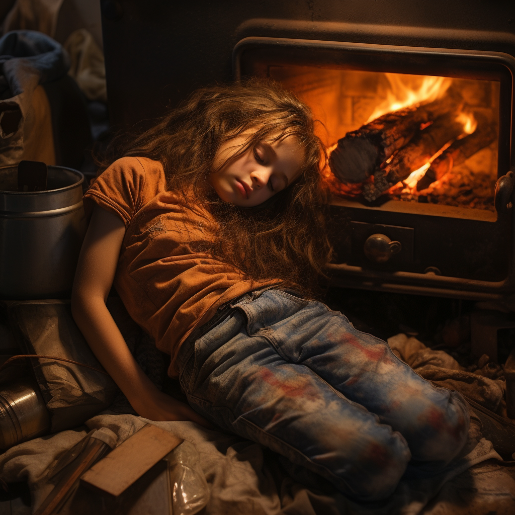 Sleeping girl by fire