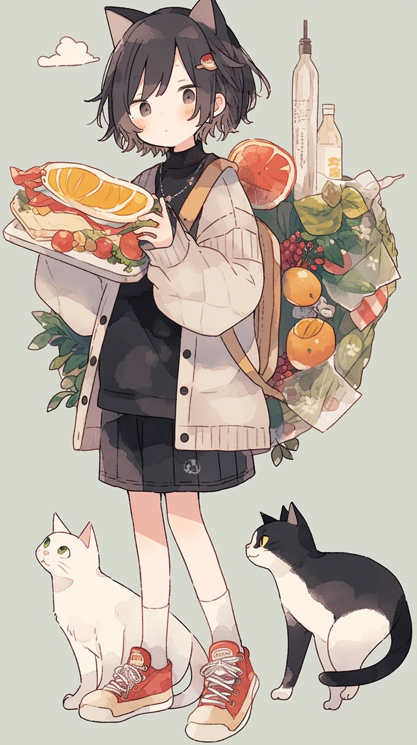 Cool girl eating snacks with cat