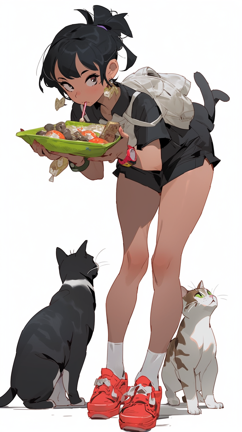 Happy girl eating snacks with her cat