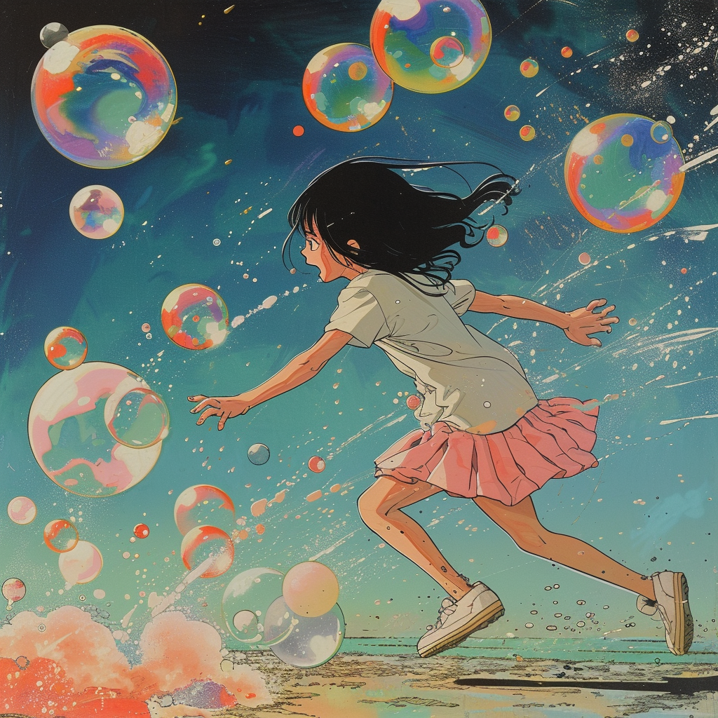 Girl Sprinting, Iridescent Bubbles, Missing