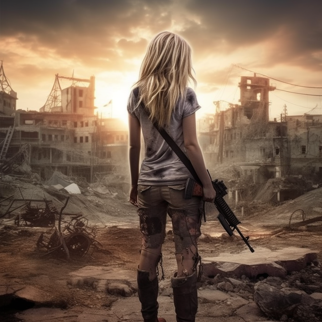 Brave girl holding rifle in post-apocalyptic city