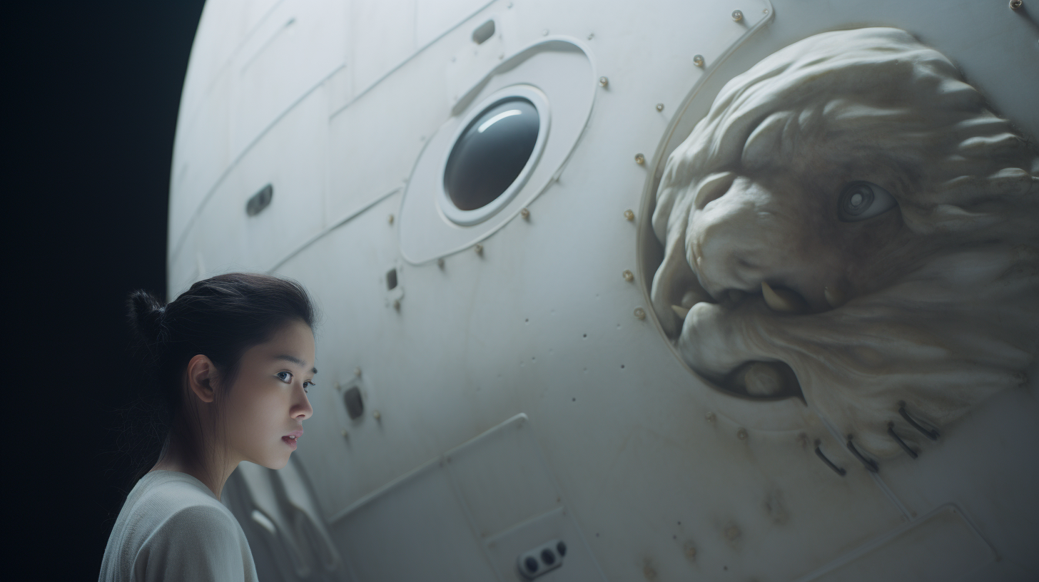 Girl standing in front of white spacecraft