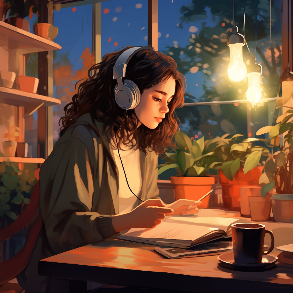 Girl studying in a cozy cafe