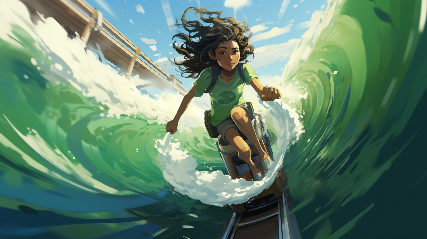 Girl surfing on green train surfboard